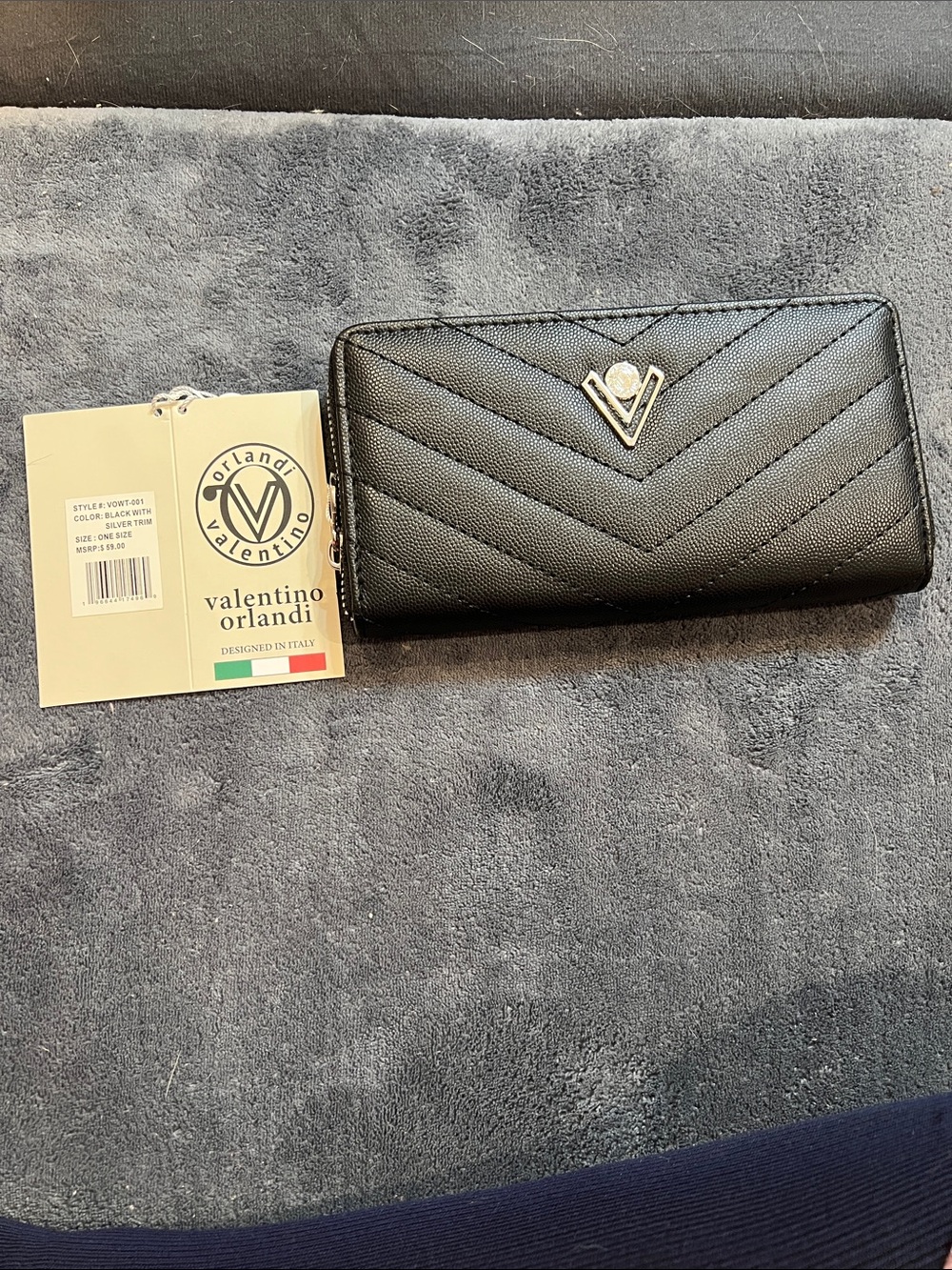 Valentino Orlandi Black Chevron Quilted Zip Wallet with V Logo